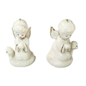 Napco Vintage Miniature Praying Angel Figurines Boy & Girl with Kitten & Lamb